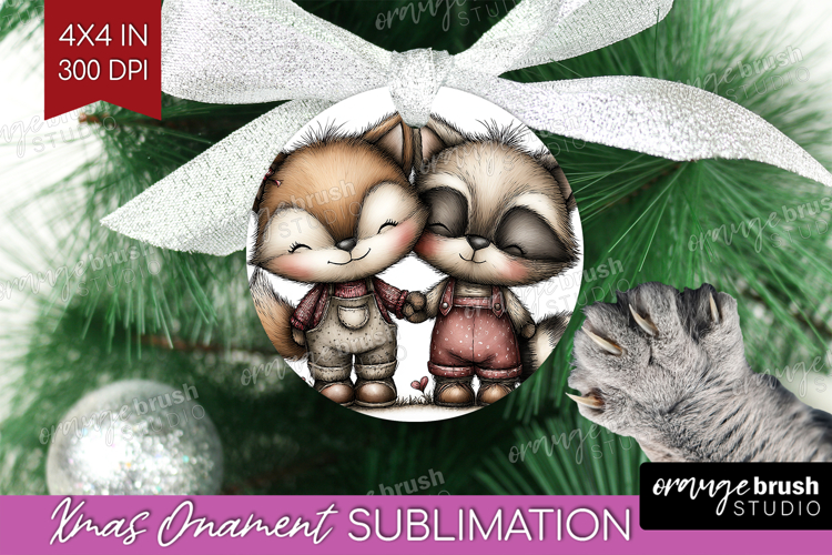 Fox and Raccoon Valentine Ornament PNG Whimsical Animal PNG