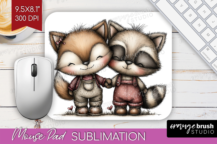 Fox and Raccoon Valentine Mouse Pad Sublimation Whimsical
