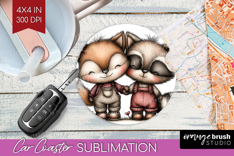 Fox and Raccoon Valentine Car Coaster Whimsical Animal PNG
