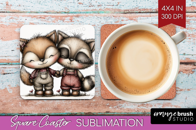 Fox and Raccoon Valentine Square Coaster Whimsical Animal