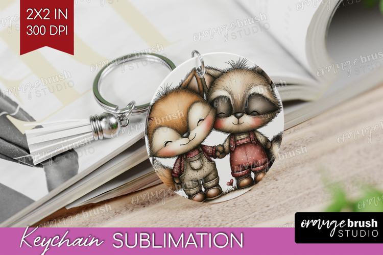 Fox and Raccoon Valentine Keychain PNG Whimsical Animal