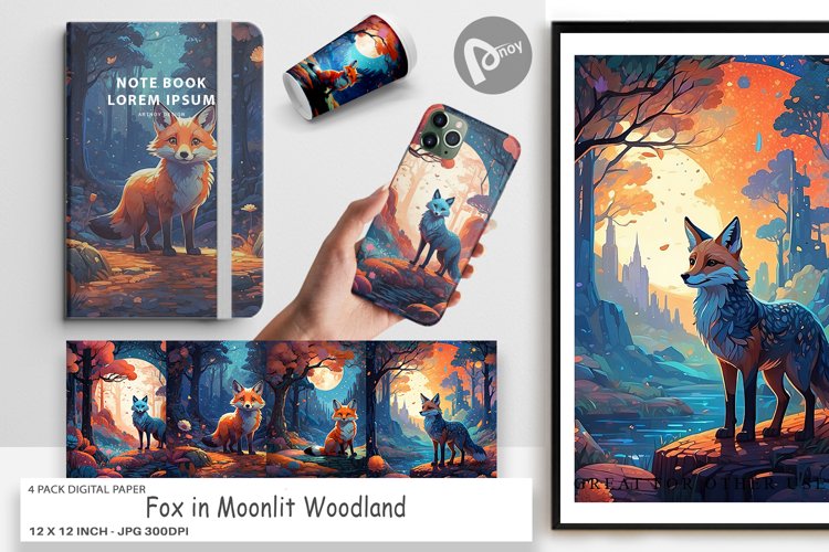 Digital Paper Moonlit Woodland Fox
