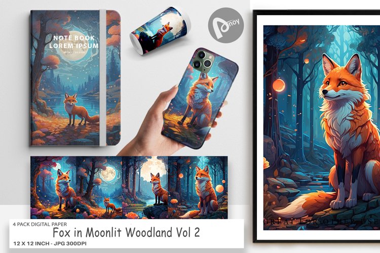 Digital Paper Moonlit Woodland Fox