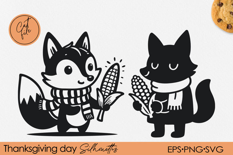 Fox with Corn Thanksgiving Silhouette | Cute Cartoon PNG SVG