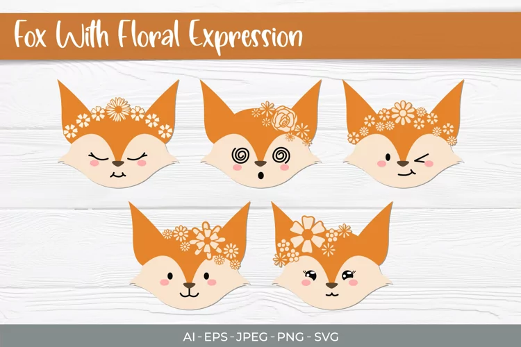 Fox with Various Expression Wearing Floral Headpiece Design