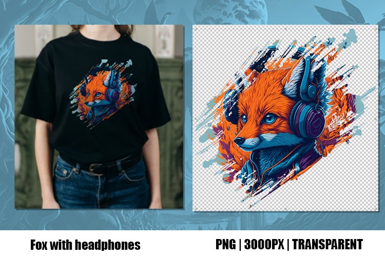 Fox with headphones tshirt sublimation print design