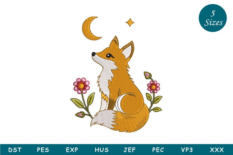Fox With Moon Embroidery Design example image 1