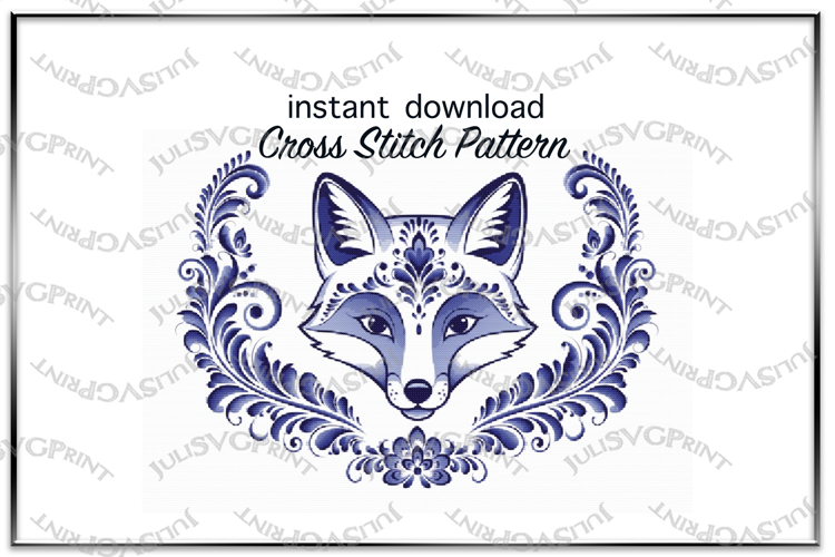 Fox Cross Stitch Pattern Digital Download PDF. Blue Animal