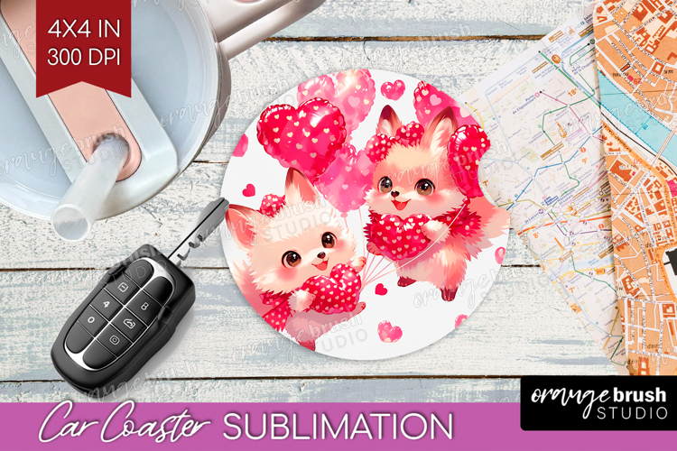 Foxes Valentine Car Coaster Cute Valentines Day Coaster PNG