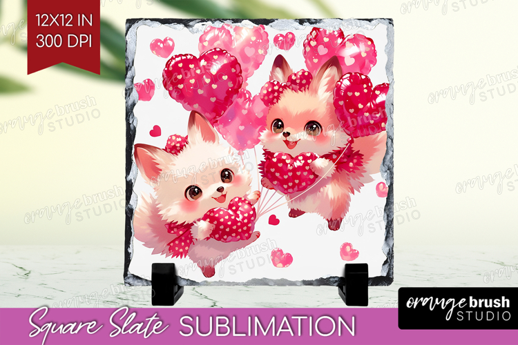 Foxes Valentine Slate PNG Cute Valentines Day Square Slate