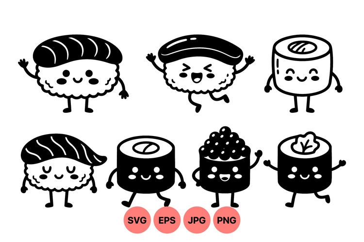 Cute Kawaii Sushi Characters Vector Illustration