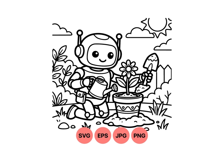 Cute Robot Gardening Clipart Illustration Design
