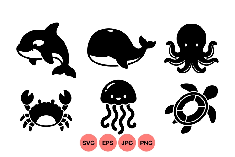 Editable Ocean Animals Silhouette Clipart