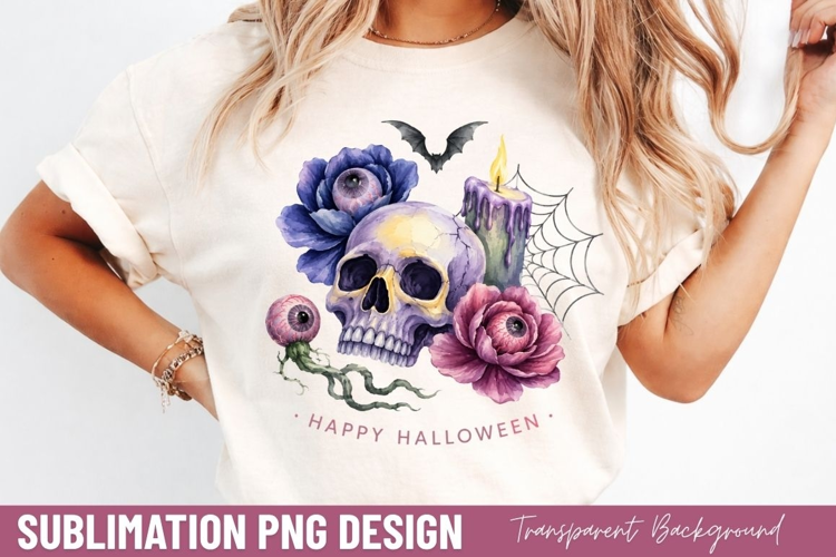 happy halloween PNG, floral skull shirt design, spooky purpl
