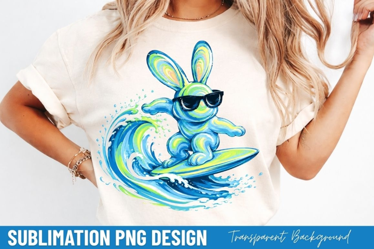 surfing bunny PNG, cool rabbit sunglasses shirt design,