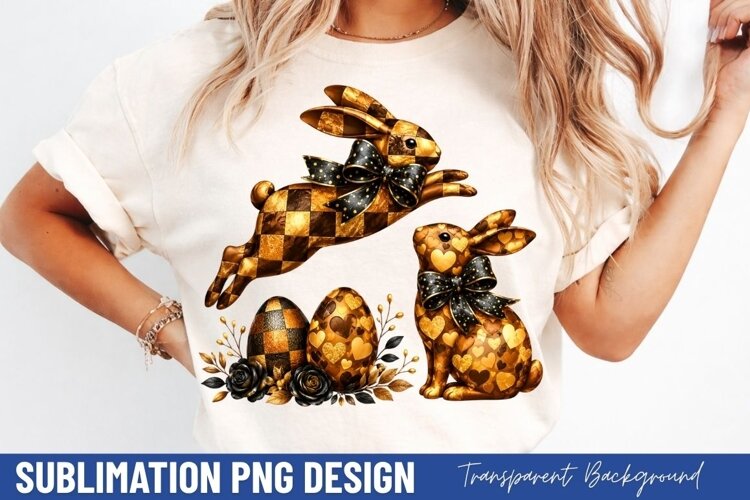 vintage easter bunnies PNG, gold pattern easter egg shirt example image 1