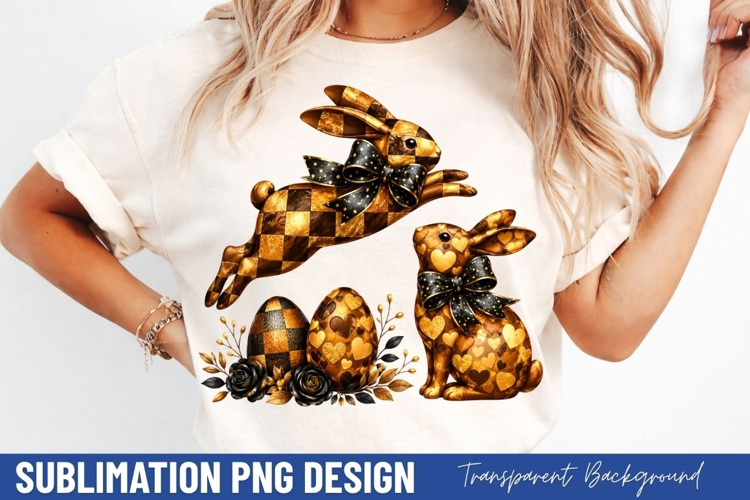 vintage easter bunnies PNG, gold pattern easter egg shirt