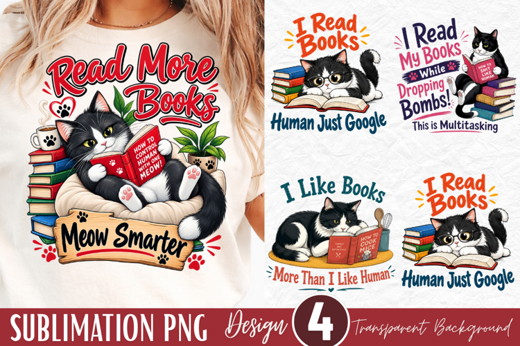 read more books meow smarter, funny cat reader PNG,