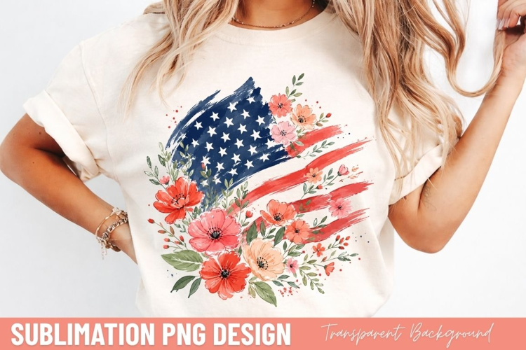american flag PNG, watercolor floral flag shirt design