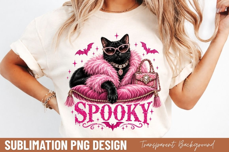 spooky black cat PNG, pink feather boa cat shirt design
