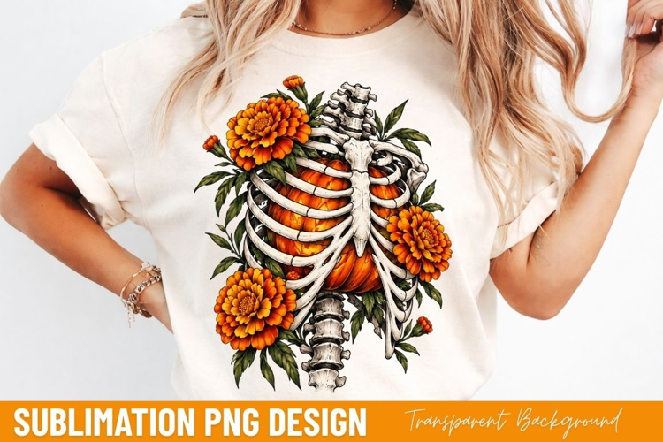 skeleton ribcage PNG, floral skeleton shirt design, marigold