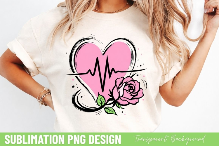 heartbeat heart PNG, pink rose heart shirt design, heart EKG