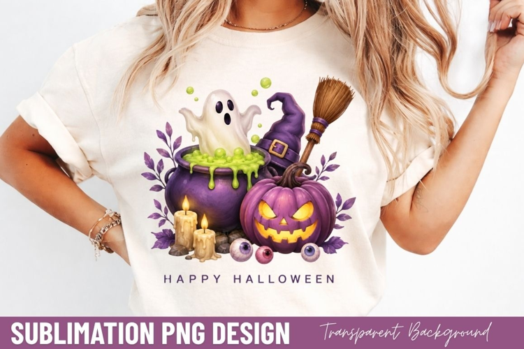 happy Halloween PNG, cute ghost witch cauldron shirt design