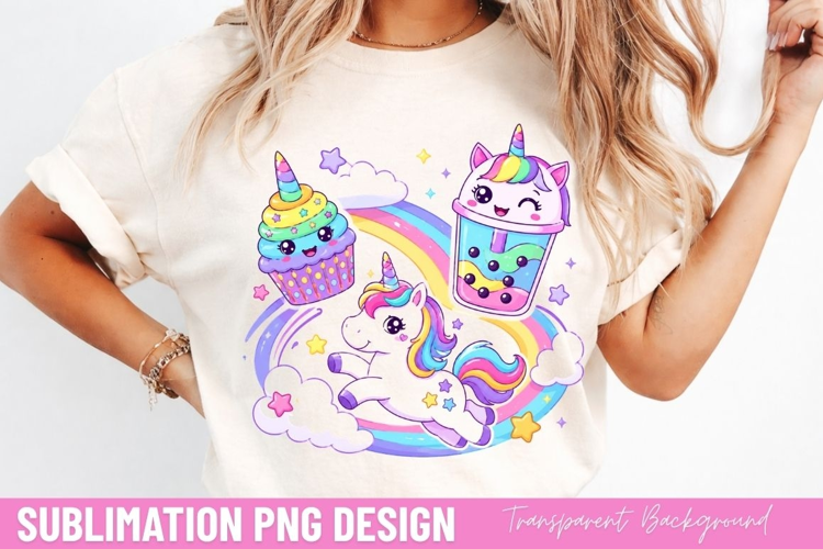 cute unicorn PNG, boba tea unicorn shirt design, sweet cupca