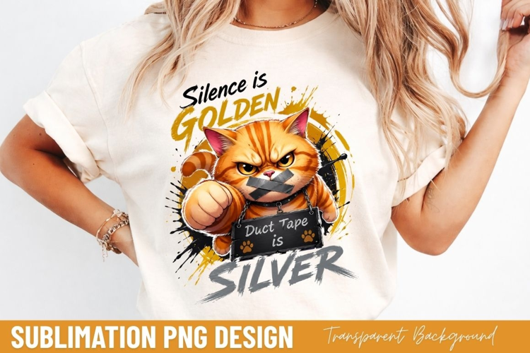 silence is golden duct tape is silver, funny cat quote PNG