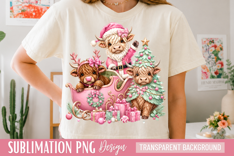 pink christmas png, christmas cow png, highland cow png