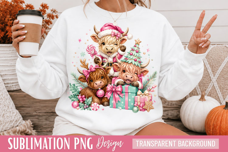 pink christmas cow png, christmas cow design, highland cow