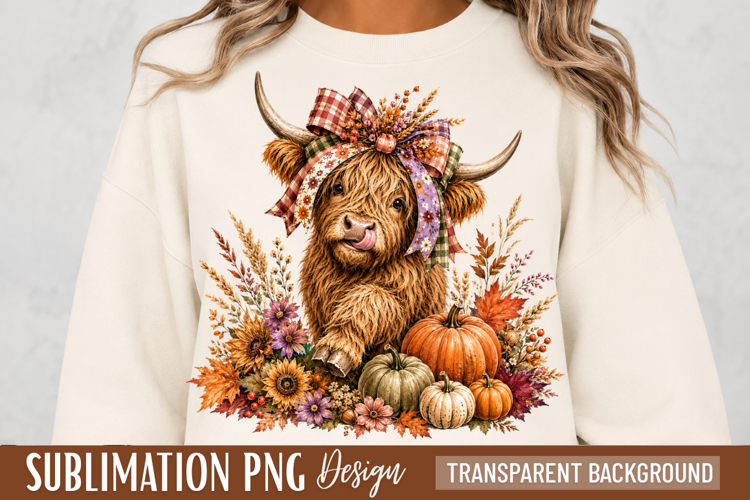 highland cow png, fall cow design, pumpkin cow png, floral