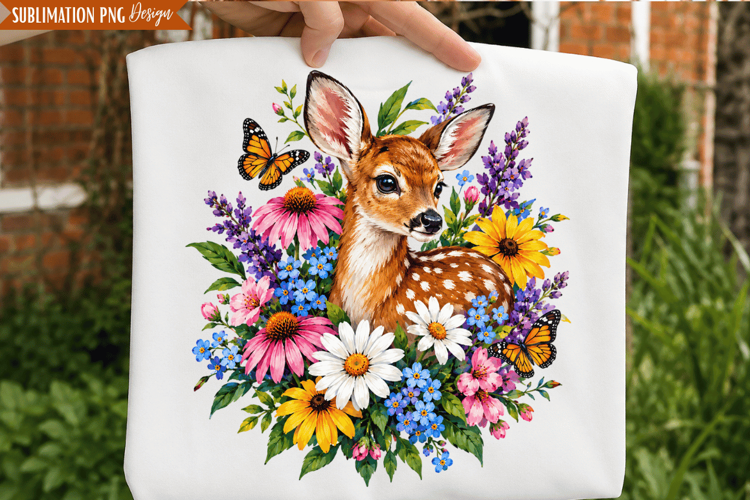 floral deer png, woodland deer png, deer flowers png