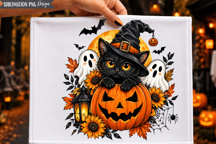 Witch Cat Pumpkin PNG Design, witch cat png, halloween cat example image 1