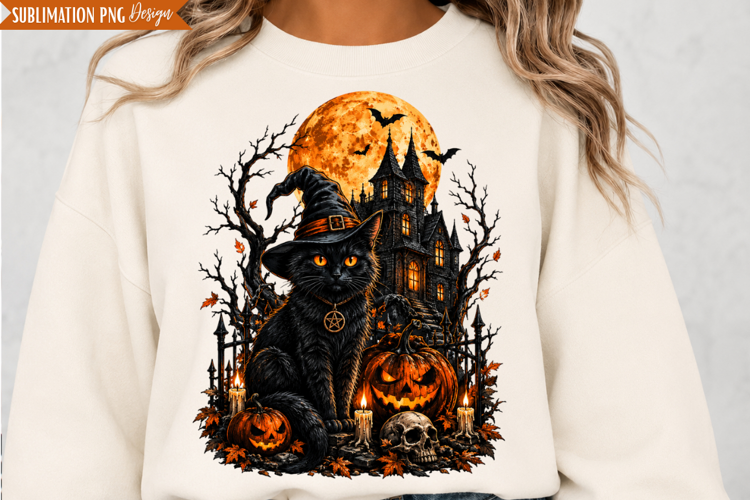 Black Cat Haunted House PNG Design, black cat halloween,