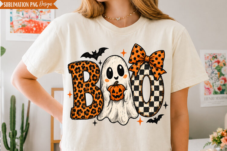 Boo Ghost Leopard Bow PNG Design, boo ghost png, halloween example image 1