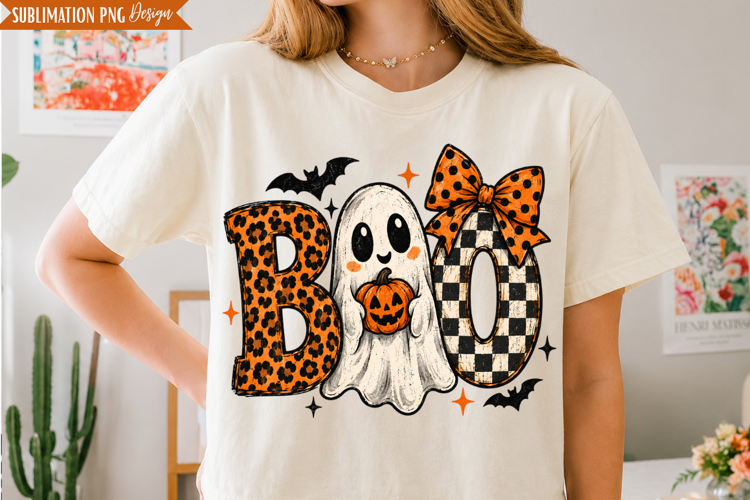 Boo Ghost Leopard Bow PNG Design, boo ghost png, halloween
