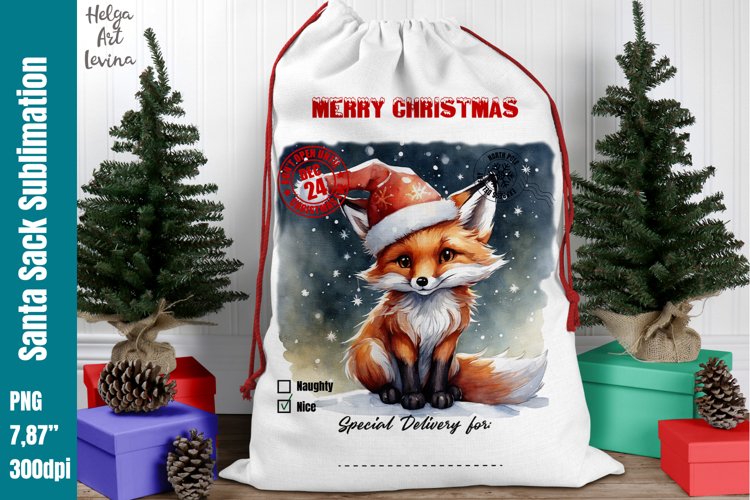 Christmas Santa Sack Sublimation | Watercolor Fox