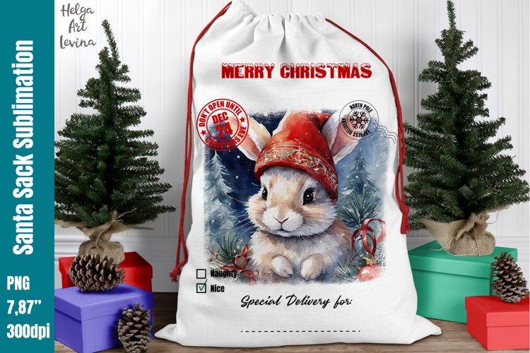Christmas Santa Sack Sublimation | Watercolor Bunny