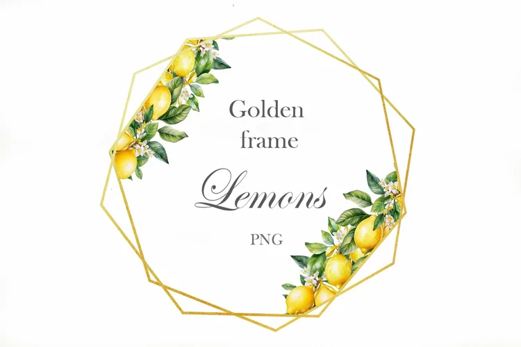 Frame lemon watercolor. Golden frame