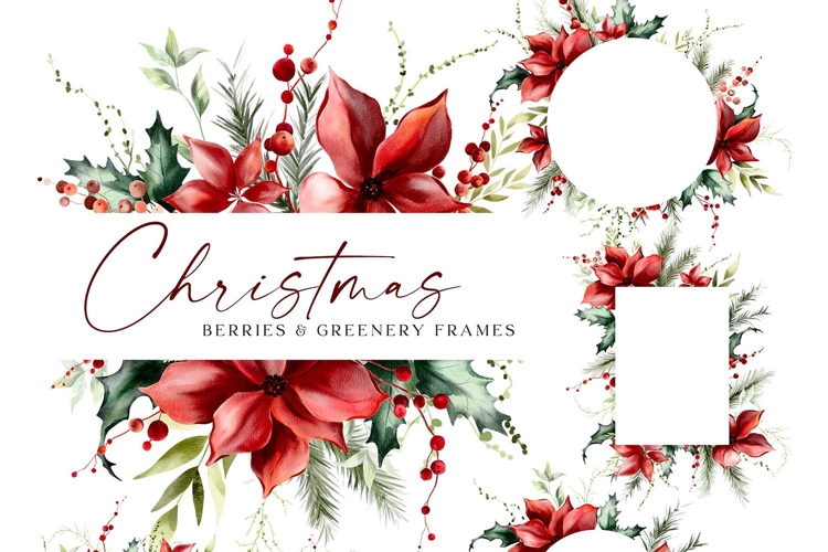 Claret Christmas Floral Frames Clipart Poinsettia Berry PNG