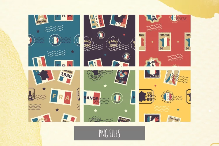 France Retro Postage Seamless Pattern Paper Packs