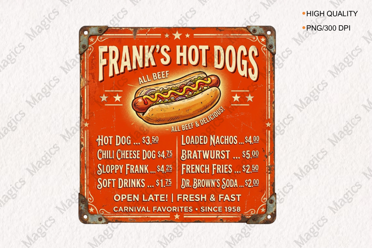 Frank's Hot Dogs Vintage Menu Sign PNG