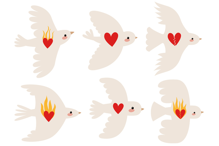 Hand Drawn Flying White Doves with Hearts Clipart