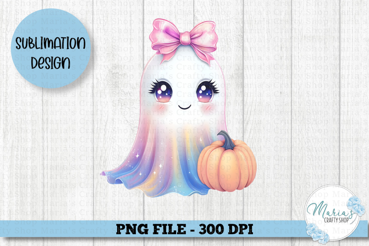 Iridescent Ghost with Bow and pumpkin PNG, Cute ghost