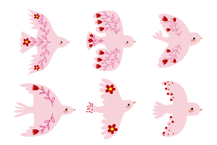 Pink Bird Clipart Hand-Drawn Flying Doves, Folk