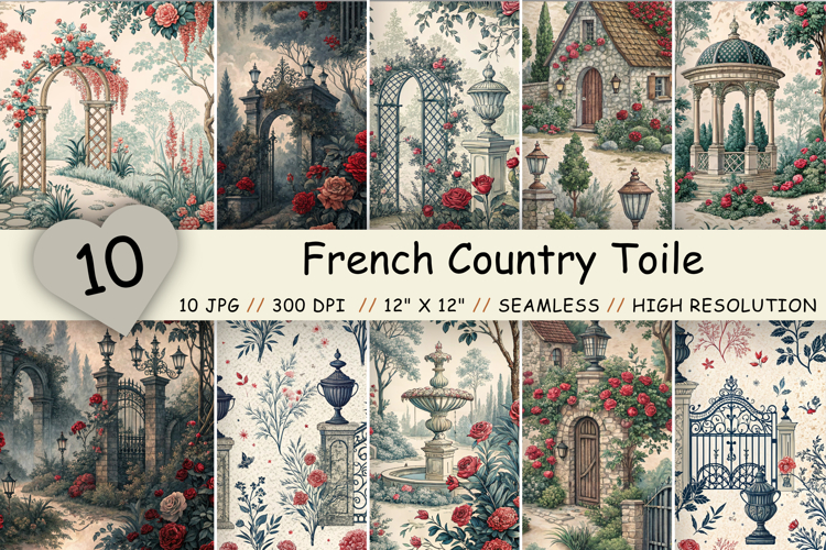 French Country Toile Bundle Paper, Seamless Digital Paper
