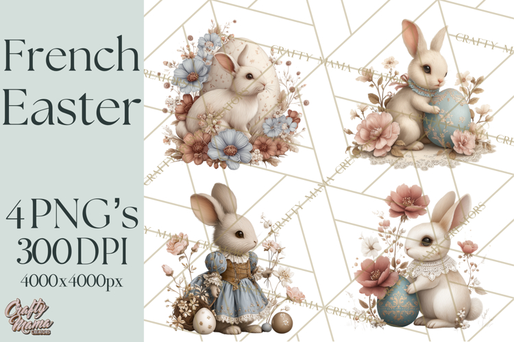 French Vintage Easter Bunny Clipart PNG, Soft Pastel Easter