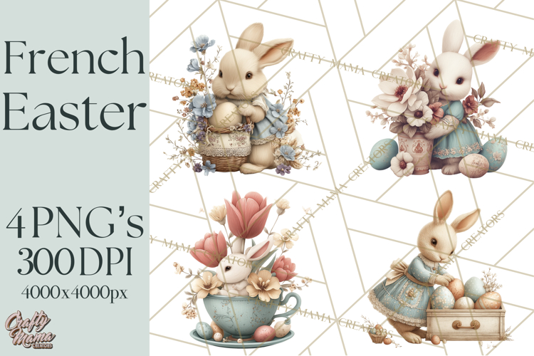 French Vintage Easter Bunny Clipart PNG, Soft Pastel Easter