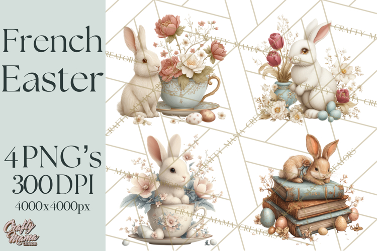 French Vintage Easter Bunny Clipart PNG, Soft Pastel Easter